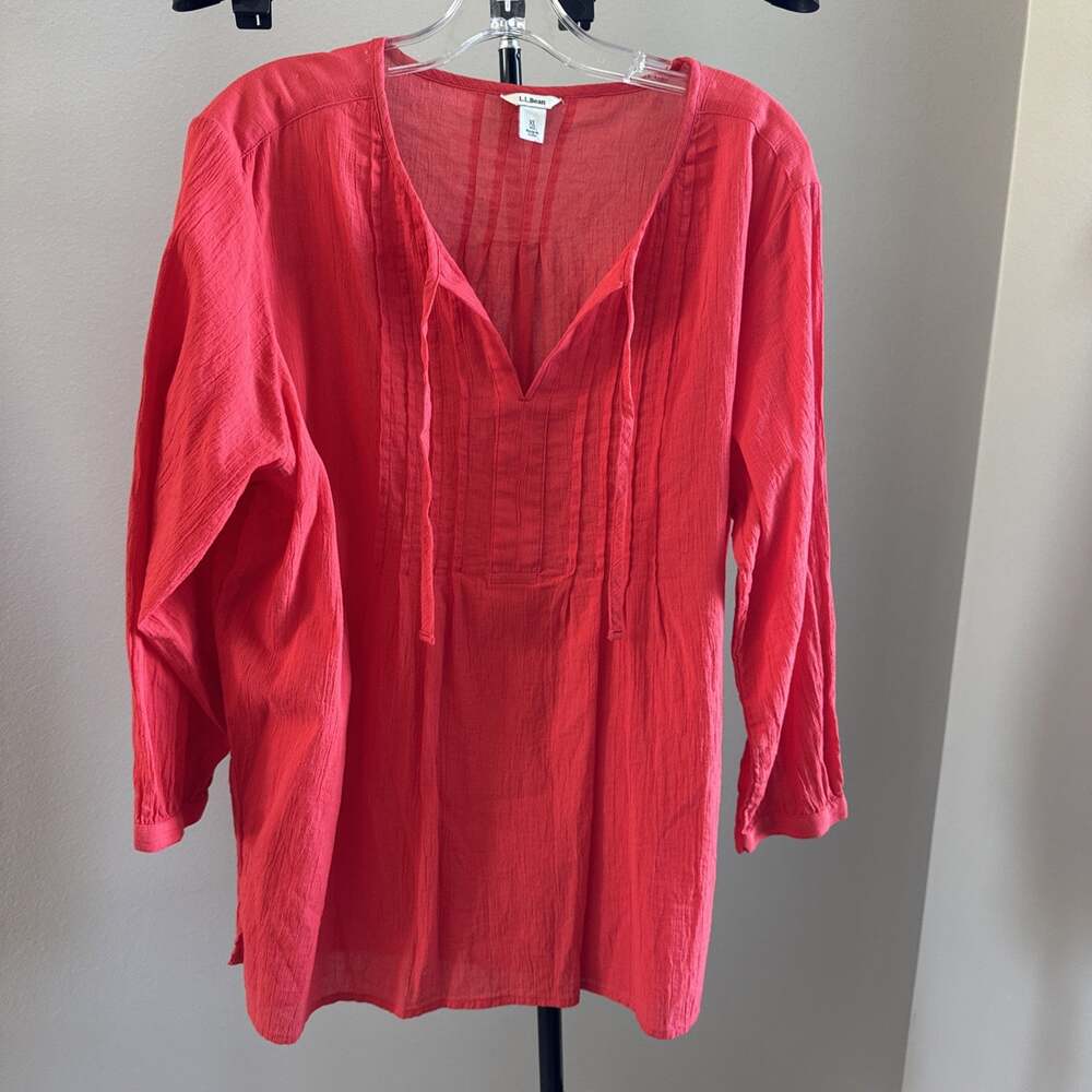 L.L.Bean Blouse Tunic Size XL Regular Red Cotton V-Neck Long Sleeve Pleated